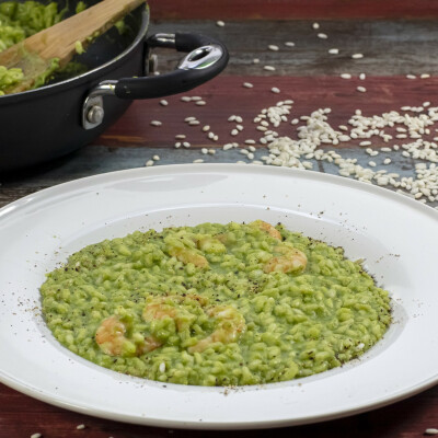 Riso crema di broccoli e gamberetti